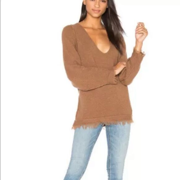 Free People Brown Irresistible Oversized V-Neck Frayed Fringed Sweater for fall - Picture 6 of 15
